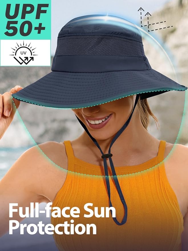 Sun Bucket Beach Hats for Women with Ponytail Hole,Sun Protection UV UPF50+ Waterproof Fishing Safari Hiking Hat