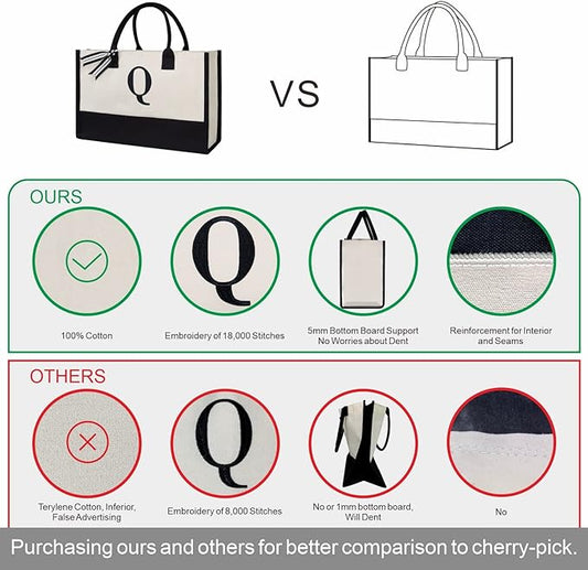 TOPDesign Personalized Initial Canvas Beach Bag, Monogrammed Gift Tote Bag for Women