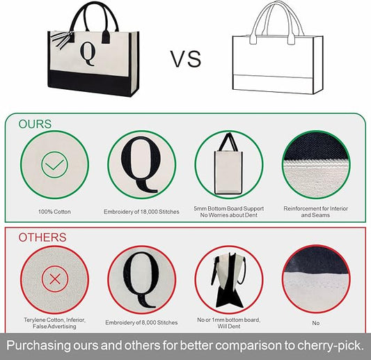 TOPDesign Personalized Initial Canvas Beach Bag, Monogrammed Gift Tote Bag for Women