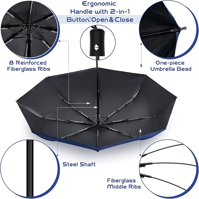 Amylove Windproof Travel Compact Umbrellas Bulk Wind Resistant Folding Auto Open and Close Rain Automatic Travel Collapsible Portable Umbrellas for Men and Women Gifts 4 Colors