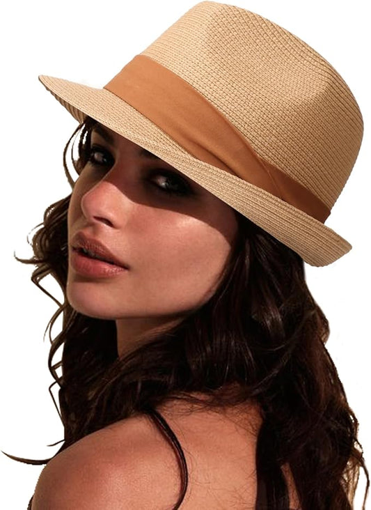DRESHOW Women Straw Panama Hat Travel Fedora Beach Sun Hat Summer Wide Brim Straw Roll up Hat UPF 50+