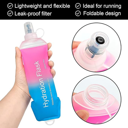 WILDREEDS 500ml Soft Flask, TPU Collapsible Soft Water Bottle for Hydration Pack, Running Vest, Folding Water Bottle for Hiking Cycling Climbing-1Pcs, Pink to Blue