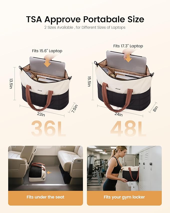 LOVEVOOK Quilted Duffle Bag for Travel,36L Gym Bag for Women with Wet Pocket,Water Resistant Weekender Overnight Bag Tote Bag for Women with Laptop Compartment(Khaki)