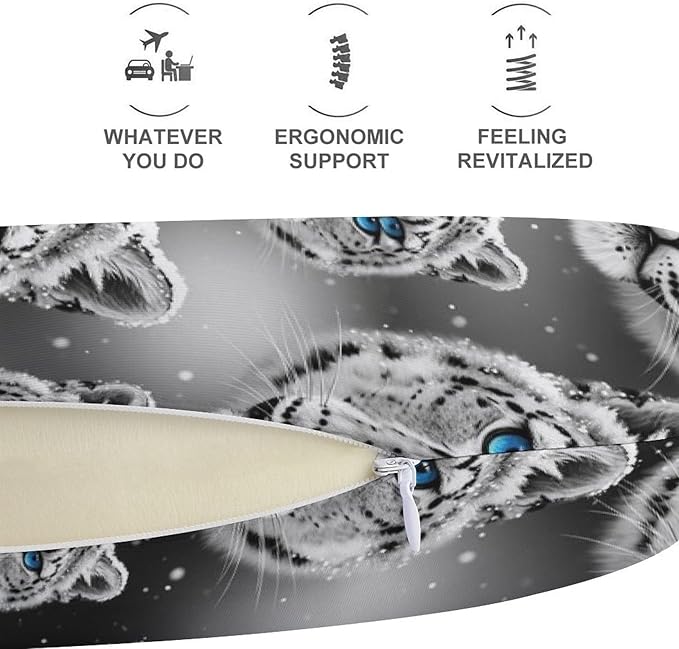 Unisex Travel Neck Pillow Memory Foam U Shaped Cushion Snow Leopard, Washable Cover for Men Women Airplane Car Home Rest