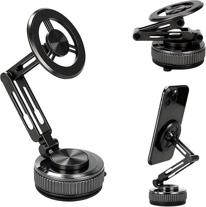 Extended Long Metal Arm Magnetic Car Phone Mount with Strongest Suction Cup, 360° Adjustable Universal Dashboard Windshield Holder for All iPhone Android Cell Phones, Heavy Duty for Car Truck SUV