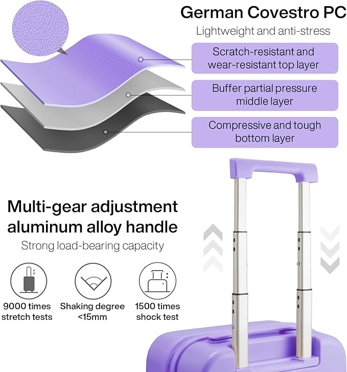 mixi Carry on Luggage, 20'' Suitcase Spinner Wheels Luggage Hardshell Lightweight Rolling Suitcases PC with Cover & TSA Lock for Business Travel, Lilac Purple