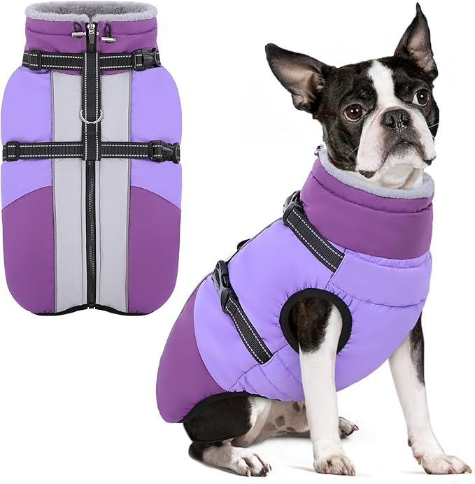 SUNFURA Dog Coat for Small Dogs, Warm Dog Winter Jacket with Harness Built in, Waterproof Pet Snow Jacket Fleece Cold Weather Coats for Puppy Chihuahua, Maltese, Purple XS
