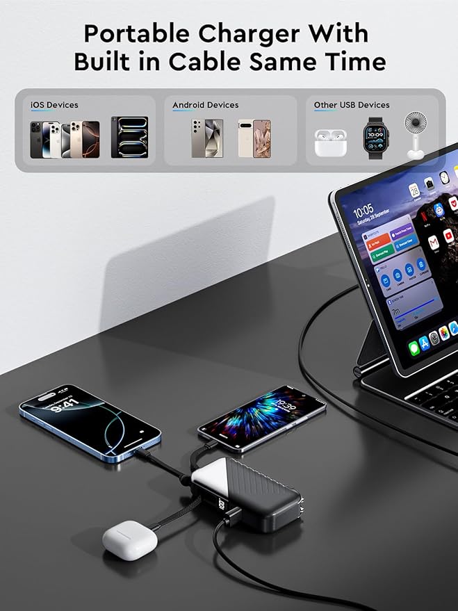 10000mAh Portable Charger Power Bank with Built-in Cable 27W Portable Charger with Wall Plug Portable Cell Phone Charger for iphone Mobile Charger Power Bank for Android Galaxy Android etc, Black