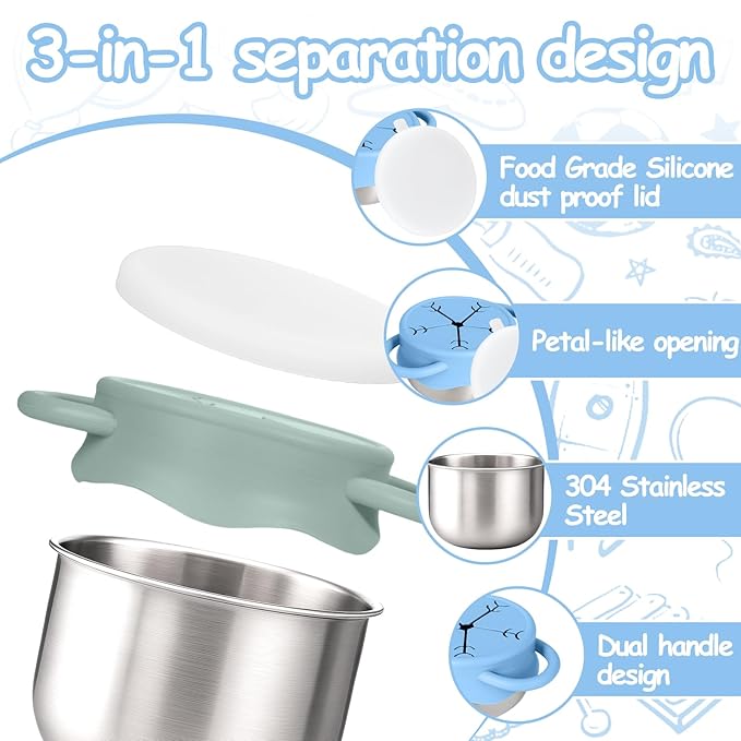 Mity rain 2-Pack Stainless Steel Snack Containers for Kids with Spill-Proof Silicone Lids & Handles - 3-in-1 Baby Snack Cups, Reusable No-Spill Toddler Snack Box, Perfect for On-The-Go Healthy Eating