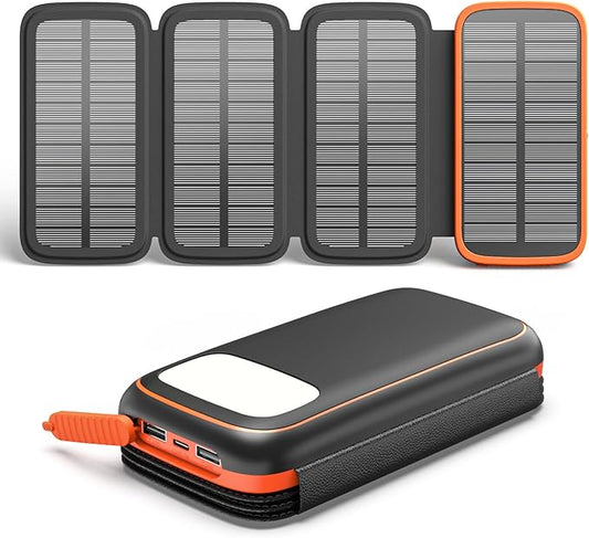 CONXWAN Solar Charger Power Bank – 27000mAh USB C Solar Phone Charger with 3 USB Outputs with 4 Foldable Solar Panels Battery Pack Charger Compatible with Most Smart Phone