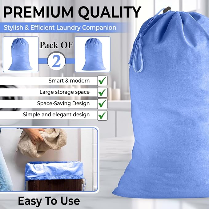 2 Pack - Extra Large Cotton Laundry Bag, Heavy Duty Large Laundry Bags 24 x 36 inch XL Drawstring Travel Organizer Bag Fit Hamper Basket Camp (BLUE, Pack of 2)