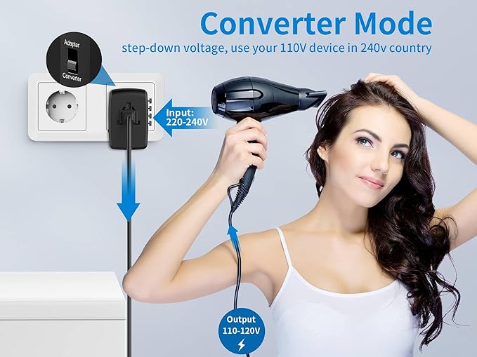 International Travel Adapter Voltage Converter Steps Down 220V to 110V for Cell Phones, Laptops, and Curling Irons, US to UK, Europe, Australia, and More Than 200 Countries(Black)