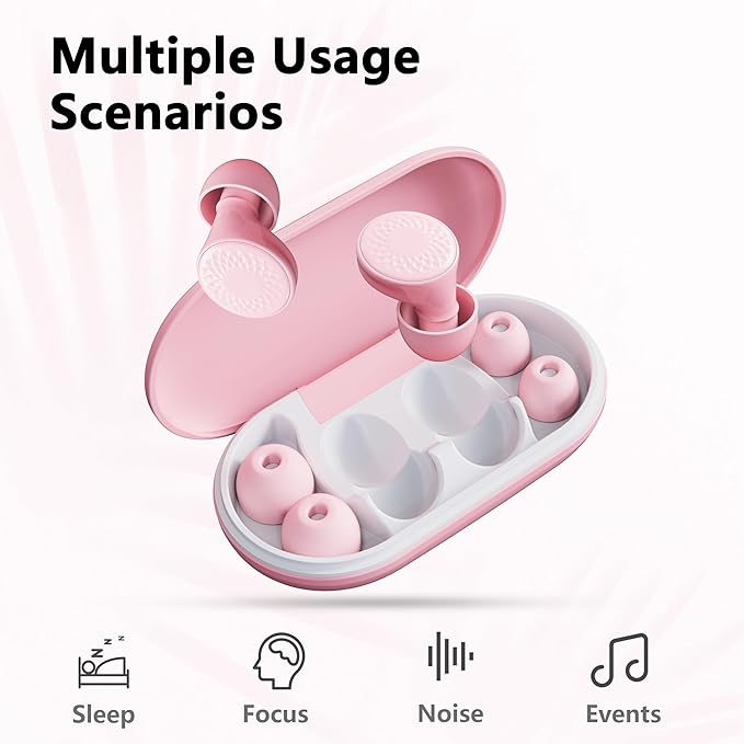 Ear Plugs for Sleeping Noise Cancelling, 45dB for Noise Reduction, Noise-Reducing Earplugs for Sleeping, Concerts, Shooting, Silicone Hearing Protection Earbuds with 8 Eartips (Rose, One Size)