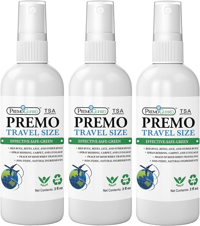 Premo Guard Travel Bed Bug, Mite & Lice Spray 3 oz - TSA Carryon Approved - Natural Stain & Odor Free - Public Transportation, Accommodations & Luggage - Chid & Pet Safe (3 Pack)