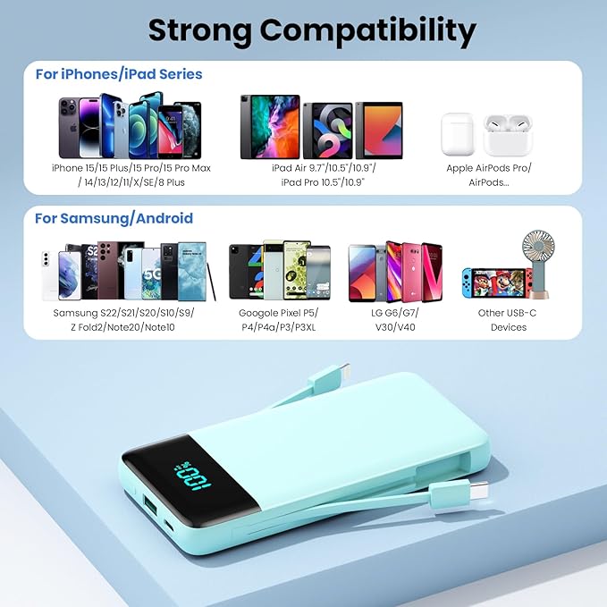 Portable Charger for iPhone,13800mAh Slim Power Bank with Built-in Cables & AC Wall Plug,All in One 4 Outputs USB C Fast Charging Battery Pack Travel Essential for iPhone 17/16/15/14,Android (Green)