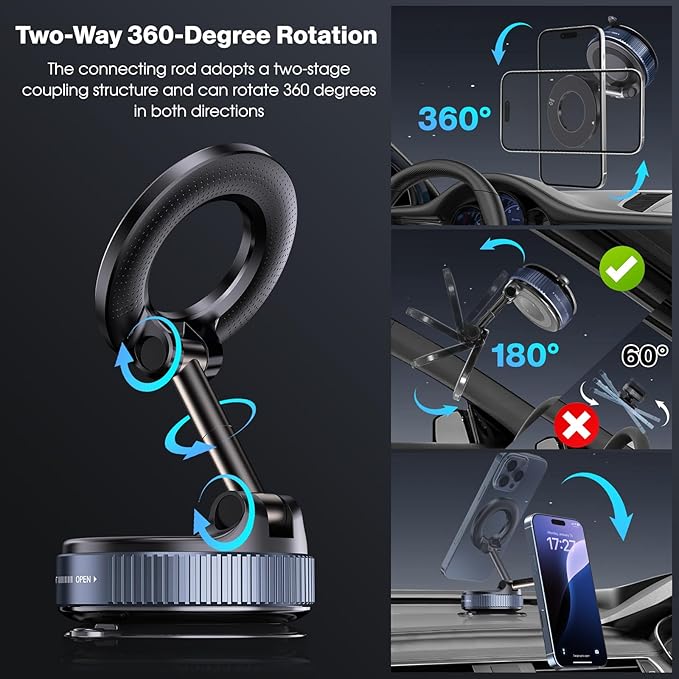 Vacuum Magnetic Suction Phone Holder, Foldable and Retractable Hands-Free Suction Cup Phone Mount for Car/Gym/Mirror/Smooth Surface, Compatible with iPhone & Android (Gel Suction Cup Black)