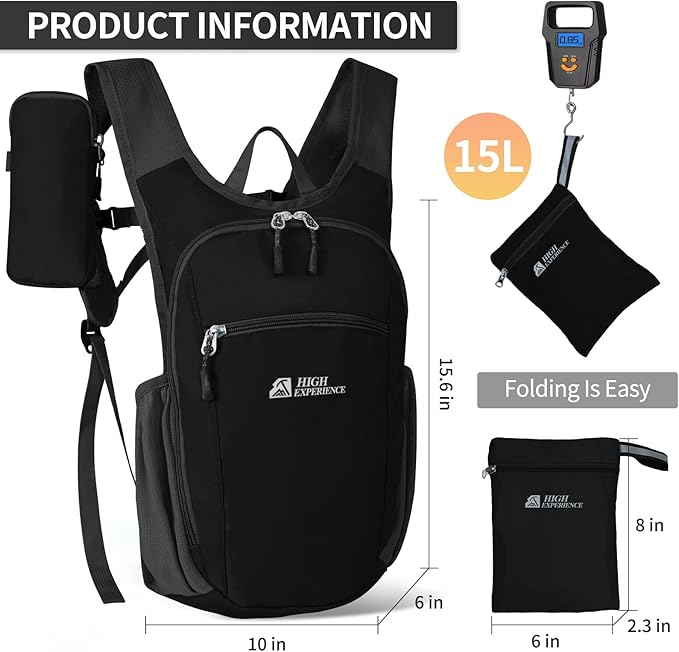 HIGH EXPERIENCE Hiking Backpack 10L/15L Small Daypack Lightweight Packable Travel Foldable Water Resistan for Women Men (Black, 15L)