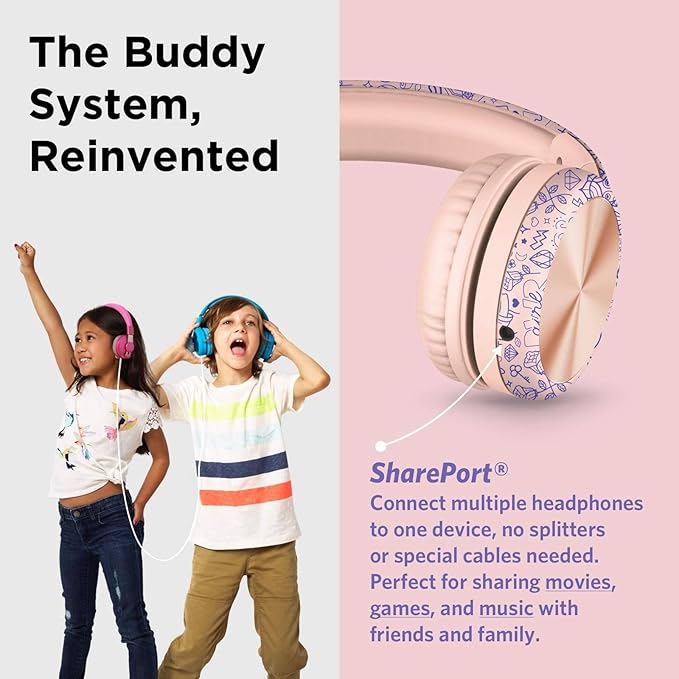 LilGadgets Connect+ Pro Wired Kids Headphones for School with Microphone, Volume Limiting Over-Ear Headset with Cord, SharePort Technology & SoftTouch Padding, Girl Power