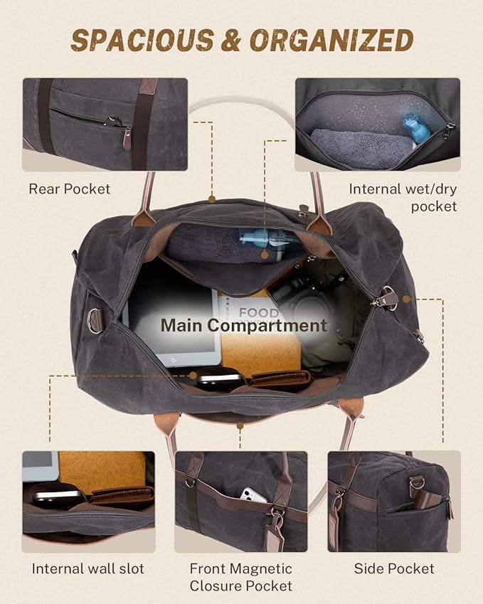 Gonex Waxed Canvas Duffle Bag for Travel, Water-resistant Vintage 55L Duffel Weekender with Shoes Compartment & Luggage Tag, Heavy-duty Overnight Bag with Suitcase Handle Sleeve for Men, Dark Grey