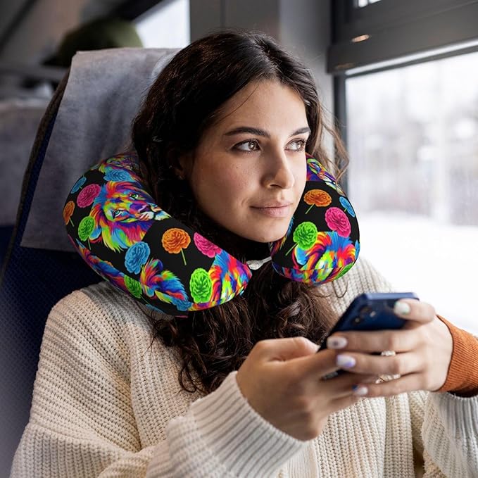 Comfortable Memory Foam Travel Neck Pillow, Funny Chin/Head Cushion Supporting Airplane Car Pillows Watercolor Lion Art Painting for Sleeping Outdoors Travel Office
