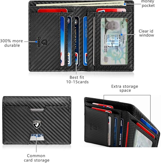 GSOIAX Wallet for Men Slim RFID Blocking Front Pocket Bifold Wallet Leather Money Clip 10-12 Cards Mens Wallet with ID Window Thin Minimalist Credit Card Holder Birthday Gifts for Men Carbon-Black