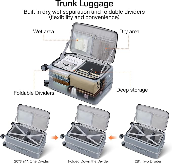 Hanke 28 Inch Luggage with Cup Holder and Charge,Top Opening Hard Shell Suitcases with Wheels and Dividers,Aluminum Frame Trunk Luggage Extra Large Suitcase with Lock for Travel,Gray