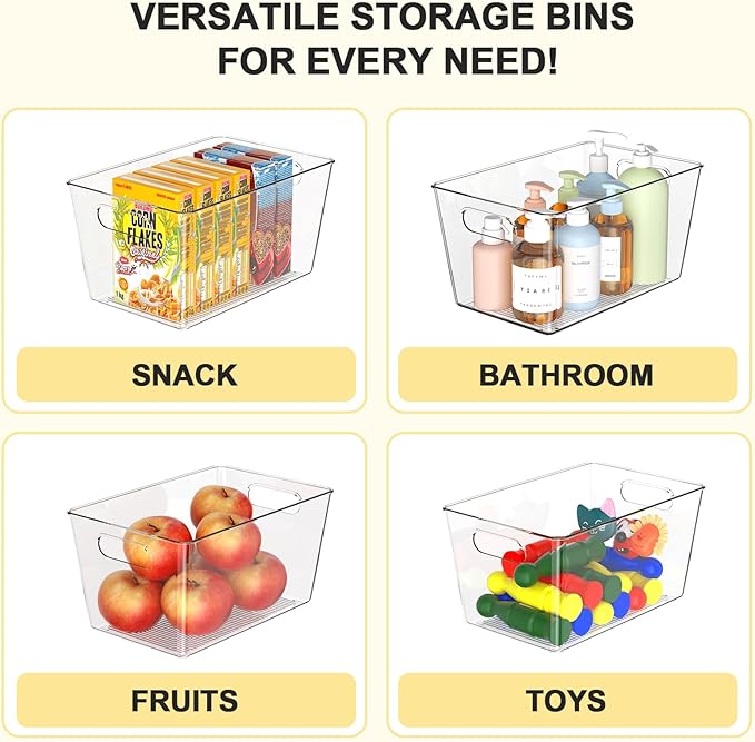 Joymeezo 8 Pack Large Clear Plastic Storage Bins, Refrigerator Cabinet Organizers with Handles for Pantry Organization and storage, Perfect for Home Organization, Kitchen, Laundry, Office& Garage