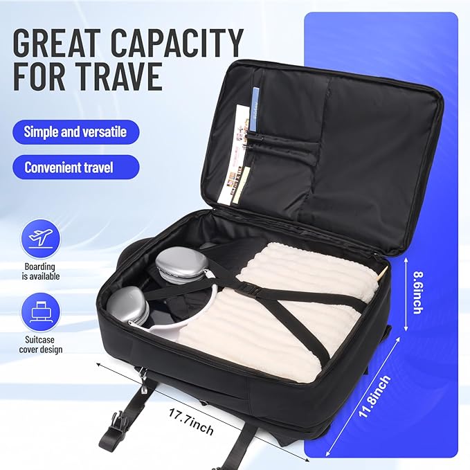 50L Carry on Travel Backpack for Men Women Airline Approved Convertible Duffle Backpack Luggage Bag,TSA Overnight Bags,fits 17" Laptop Smart Backpack-Black