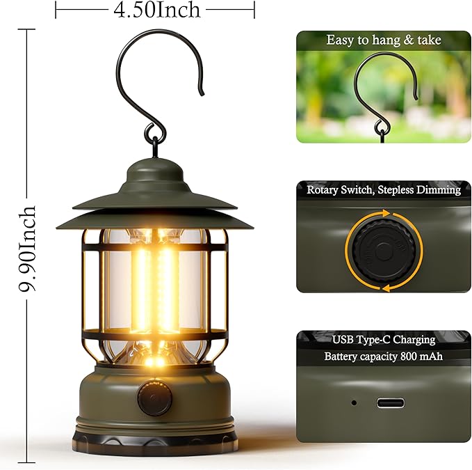 LED Camping Lanterns,1500LM Step-less Dimming, Lightweight Retro Battery Powered USB Rechargeable Tent Lights,Portable Flashlight for Power Outages Emergency Hiking Hurricane Light1 Pack Green