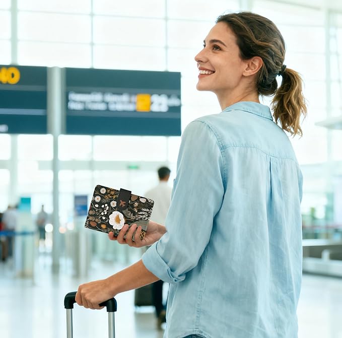 Passport Holder, Travel Wallet Cover with Pen Loop | Cute RFID Blocking Leather Case with Magnetic Closure for Travel Essentials-flower