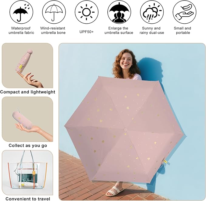 Compact Travel Umbrella - Mini Manual Umbrella for Purse, Windproof & UPF 50+ Sun & Rain Protection, Lightweight Portable Folding with Case for Women, Men，Kids