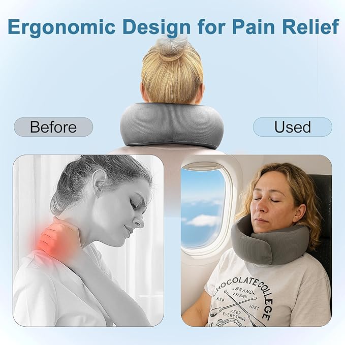 Neck Pillow for Traveling,Travel Neck Pillow for Airplanes,Portable,Smooth & Cooling Fabric,100% Pure Memory Foam,Neck Pain Relief with Breathable 360º Ergonomic Support for Long Flight(Gray)