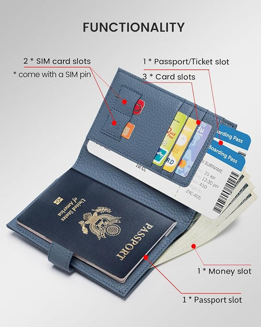 RFID Slim Passport Holder for Man & Women, Compact Leather Passport Wallet with Card Holders SIM Slots, Zippered Coins Pocket and Cash Holder Travel Passport Cover Case, Dark Blue
