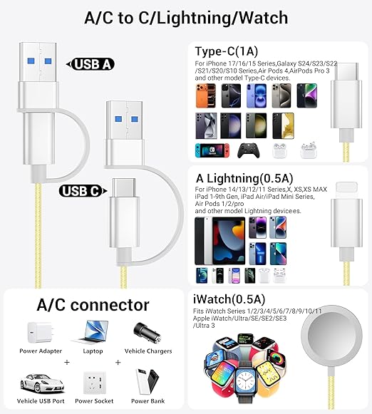 Temdan for Travel Vacation Essentials,3 in 2 USB C Cable for Apple Watch Charger/iPhone 17 Charger/Lightning,Multi Charging Cable Cord,Camping Essentials,Designed for iWatch &iPhone 16-12-4FT Yellow