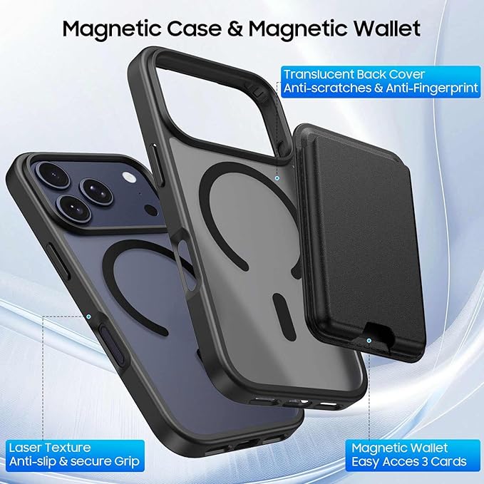 Ntwinro Magnetic for iPhone 17 Pro Case (Compatible with MagSafe) with Detachable Wallet & Card Holder for 3 Cards [RFID Blocking] Military Grade Protective Slim Phone Cover, Black