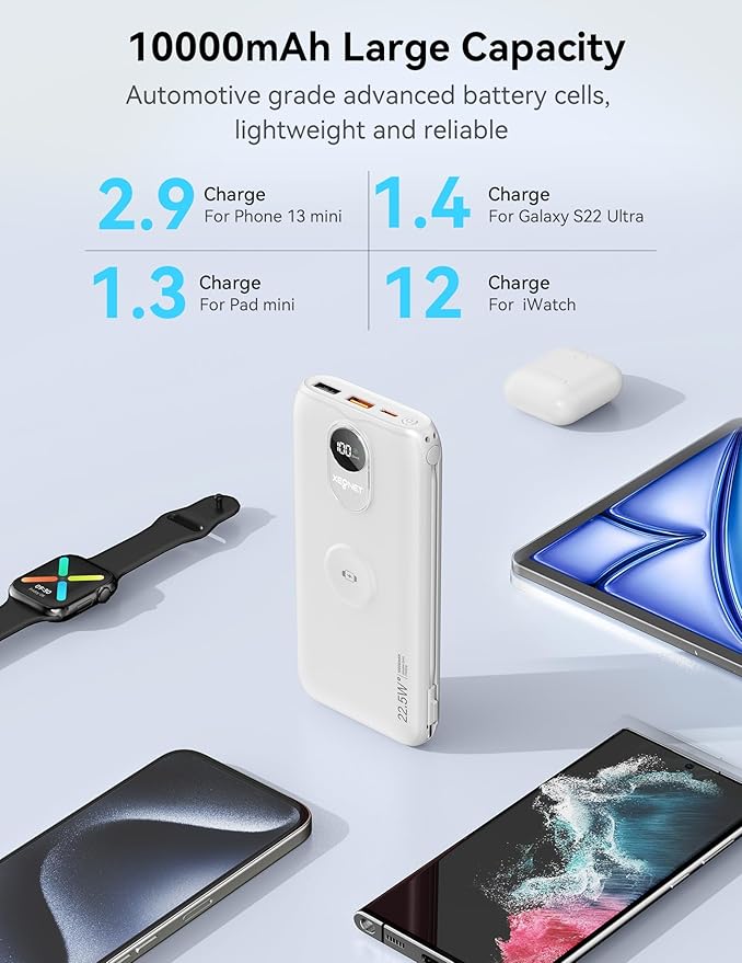 Portable Charger, 10000mAh 22.5W Fast Charging Power Bank with Built in Cable & Wall Plug, Travel Essential Battery Pack with LED Display, External Charger for iPhone, iWatch 11/10/9/8/Ultra/SE White
