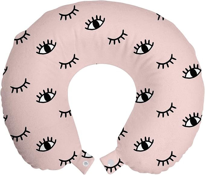 Ambesonne Eyelash Travel Pillow Neck Rest, Doodle Style Open and Closed Eyes Hand Drawn Sketch Abstract Kids Design, Memory Foam Traveling Accessory for Airplane and Car, 12", Rose Black White