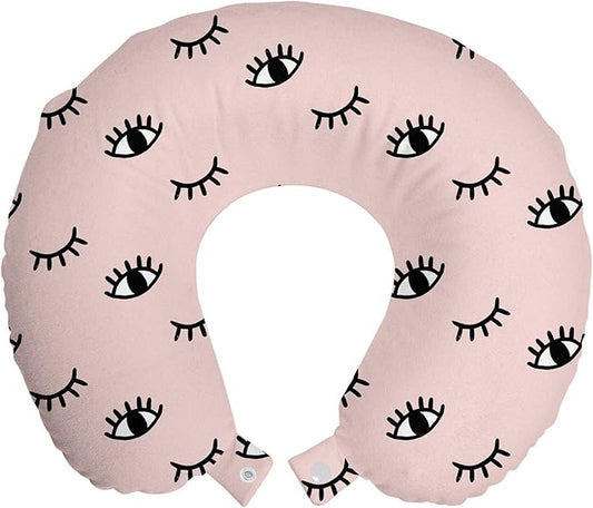 Ambesonne Eyelash Travel Pillow Neck Rest, Doodle Style Open and Closed Eyes Hand Drawn Sketch Abstract Kids Design, Memory Foam Traveling Accessory for Airplane and Car, 12", Rose Black White