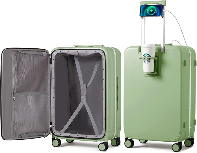 mixi Checked Luggage with Cup Phone Holder and Charger Hard Shell Suitcases with Spinner Wheels, 24 Inch Avocado Green