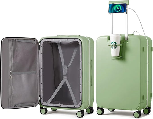 mixi Checked Luggage with Cup Phone Holder and Charger Hard Shell Suitcases with Spinner Wheels, 24 Inch Avocado Green