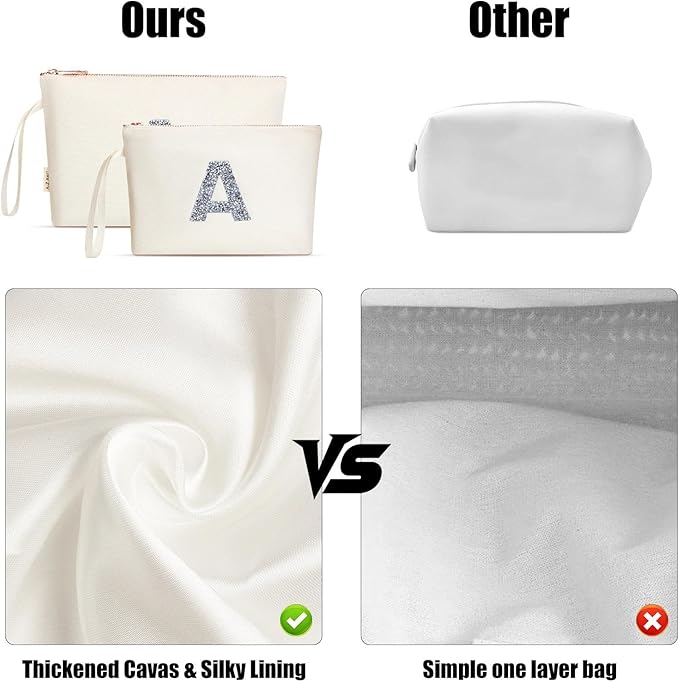 A-Z BAG 2pcs Personalised Makeup Bag Set, Canvas Cosmetic Bag with Rhinestone Initial, Birthday Gifts for Women (A, Beige)