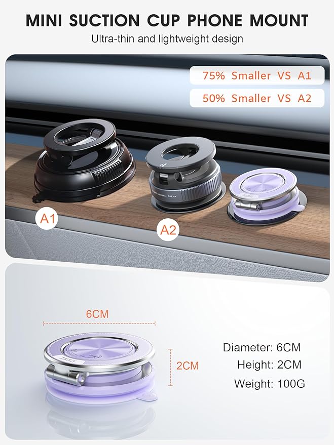 Ultra-Thin Vacuum Magnetic Car Phone Holder for MagSafe[108+LBS Strongest Suction & 3000gf Strongest Magnetic],360°Adjustable Suction Cup Phone Mount for Car,Gym,Mirror,Men Women-Purple