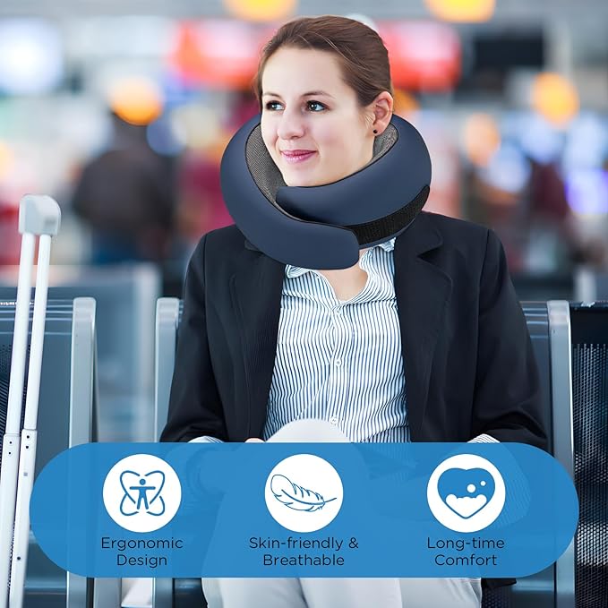 Neck Pillow Airplane,100% Pure Memory FoamTravel Neck Pillow Travel Neck Support Ergonomic &Portable Design Best for Sleeping Plane Car Train Office Flight (Deep Blue)