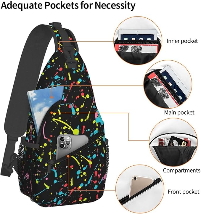 QFXUYNG Neon Paint Splatter Adult Sling Bag Unisex Chest Bags Crossbody Backpack Casual Daypacks Shoulder Bag for Women Men Cycling Hiking Travel