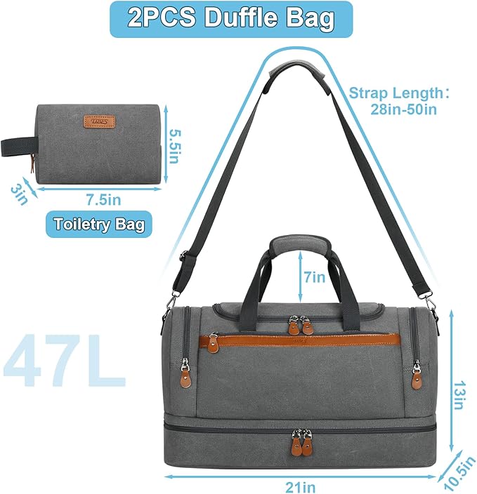 Canvas Travel Duffel Bag for Men - 21 Inch Expandable 47L Weekender Bags with Trolley Sleeve & Toiletry Bag, Overnight Carry On Luggage with Removable Shoulder Strap, Durable & Water-Resistant