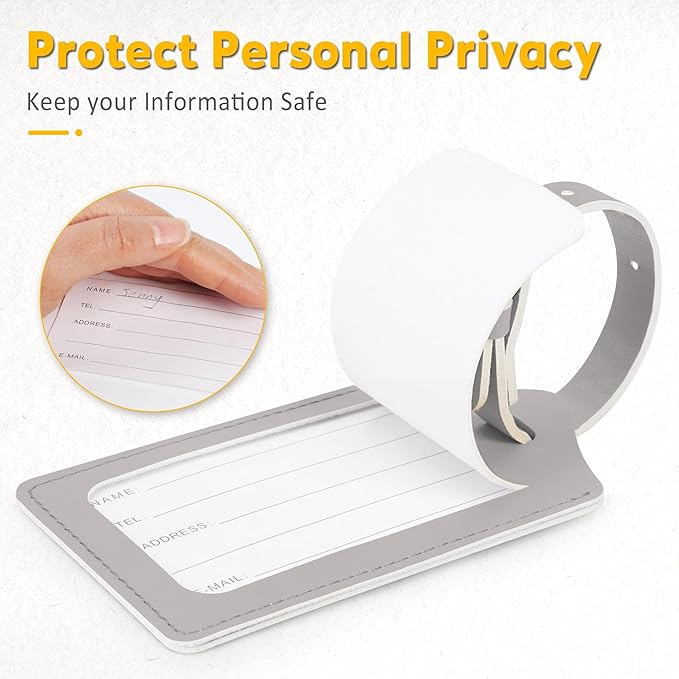 Travelambo 8 Pack Luggage Tags Faux Leather for Suitcases Travel Bag Labels Travel Accessories Essential with Protection Cover ID (Light Grey)