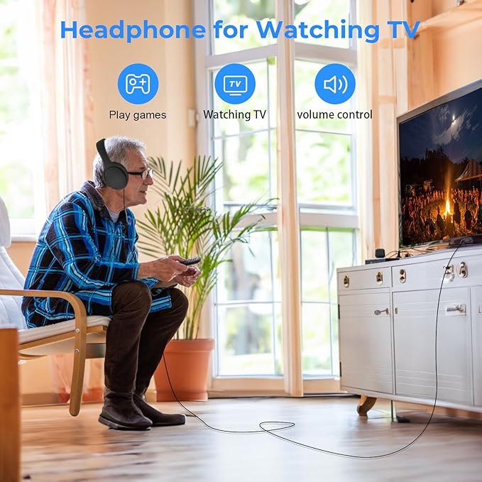 Long Cord Wired Headphones for tv with Volume Control, Over Ear Headphone tv Watching for Seniors with Extra Long Cord, Universal 3.5mm AUX Audio(19.6FT)