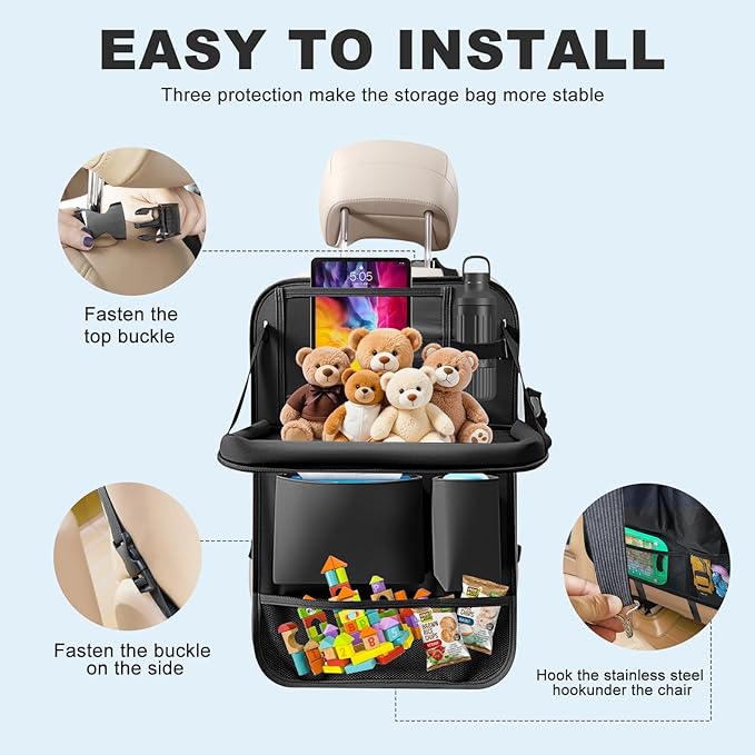 2Pack Car Backseat Organizer with Foldable Table Tray,6 Storage Pockets Car Storage Organizer with Tablet Holder,Car Seat Back Protectors Kick Mats Travel Accessories (Black)