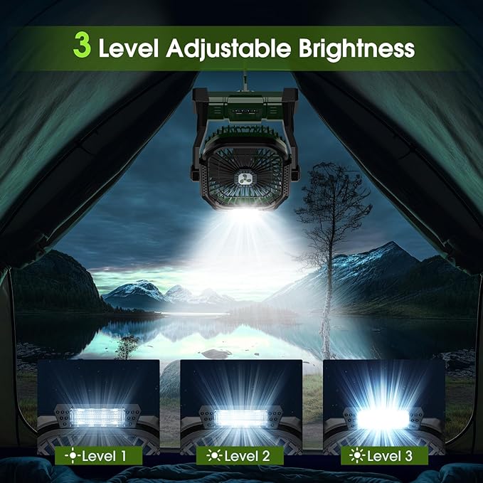 Portable Rechargeable Fan, 20000mAh Cordless Battery Powered Camping Tent Fans with LED Lantern, Small USB C Operated Outdoor Ventilador for Travel Camp Fishing Picnic Home Power Outage Emergency