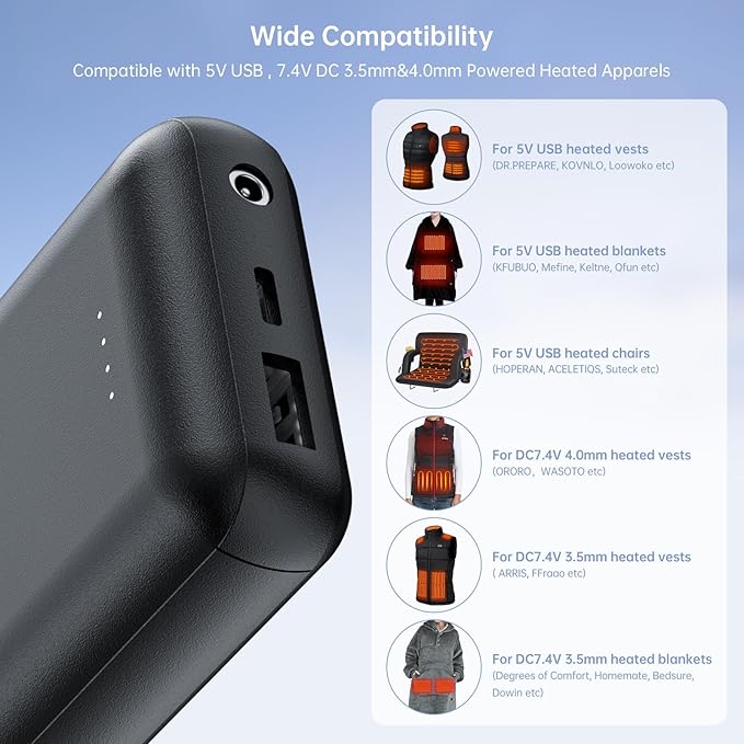 7.4V 5V Heated Vest Battery Pack 10000mAh - Rechargeable Power Bank for ORORO, Arris, DR.Prepare, KOVNLO, TIDEWE & Other Electric Heating Vests/Jacket/Hoodie/Blanket/Camping Chair/Seat Cushion